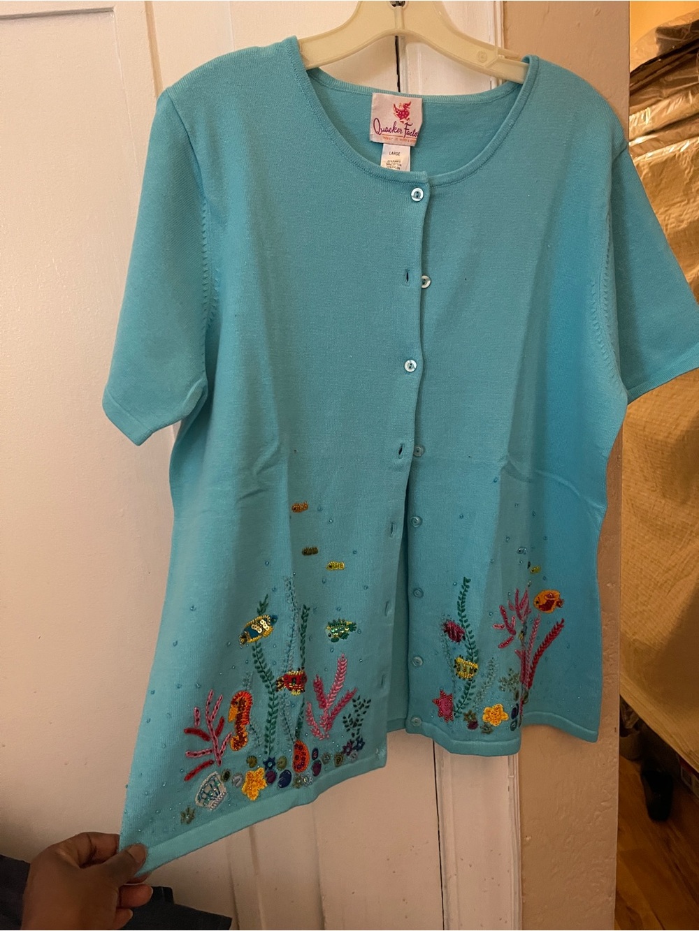 Quacker Factory Turquoise Embroidered Sequin Button-Front Top